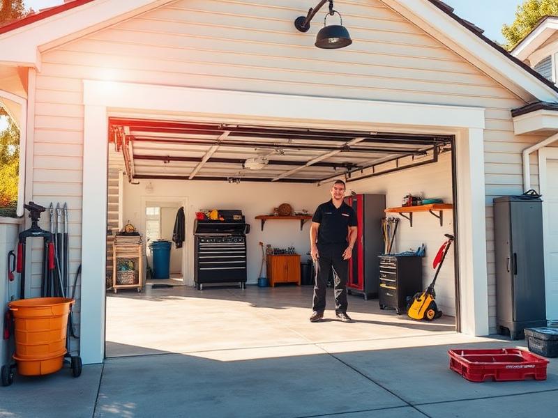 Technician installing a residential garage door